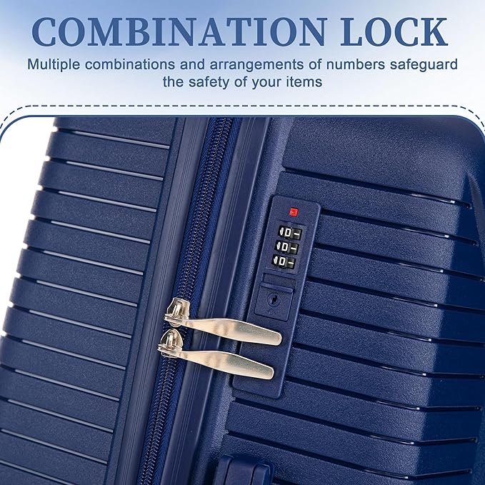 Campfun 3 Piece Luggage Sets, PP Suitcase Set with Double Spinner Wheels Hang Hook, Durable Carry On Luggage with Combination Lock, 20/24/28 inch, Blue