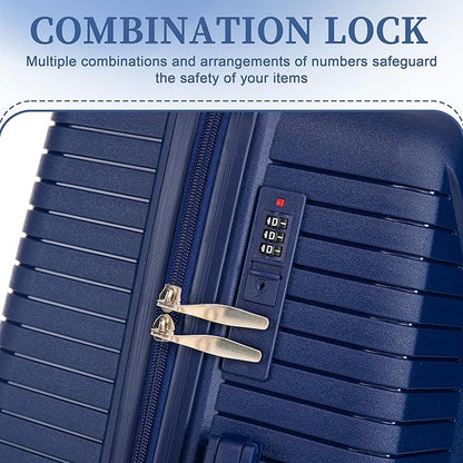 Campfun 3 Piece Luggage Sets, PP Suitcase Set with Double Spinner Wheels Hang Hook, Durable Carry On Luggage with Combination Lock, 20/24/28 inch, Blue