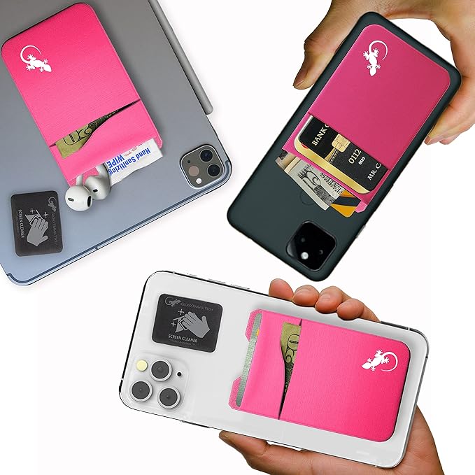 Gecko Travel Tech Double Pocket - Adhesive Card Holder - Cell Phone Pouch - Stick on Spandex Pocket - Carry Credit Cards and Cash (PINK-WHITE)