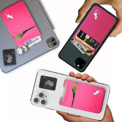 Gecko Travel Tech Double Pocket - Adhesive Card Holder - Cell Phone Pouch - Stick on Spandex Pocket - Carry Credit Cards and Cash (PINK-WHITE)