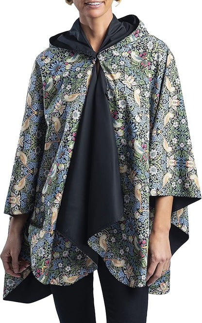RainCaper Rain Poncho for Women - Reversible Rainproof Hooded Cape in Gorgeous Ultrasoft Colors (Black/Wm Morris Strawberry Thief)