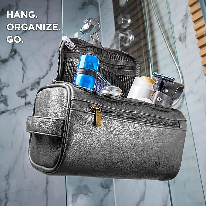 MINARAI-Mens Toiletry Bag with Razor Case– Premium Leather-Look Hygiene Bag for men with Wide-Open Access, Hanging Design, and Strong Structure– Built for Travel, Gym, and Everyday Organization– GREY