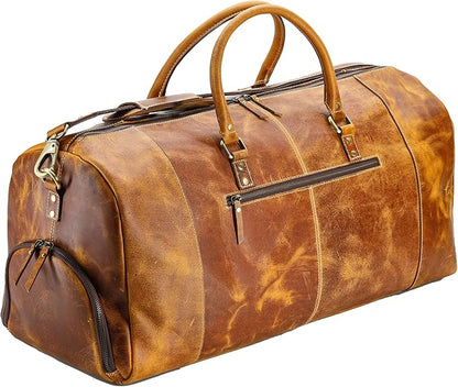 KomalC Leather Duffle Bags for Men and Women Travel Overnight Weekend sports bag holdall Gym Duffel for Men (Distressed Tan, 28 Inch)