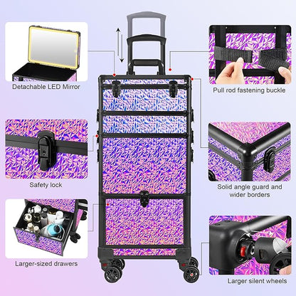 Rolling Makeup Case with Lighted Mirror, Makeup Train Case with Large Drawer, Cosmetology Case, Travel Makeup Organizers, Professional for Salon Barber, Nail, Tattoo, Multicolor Purple