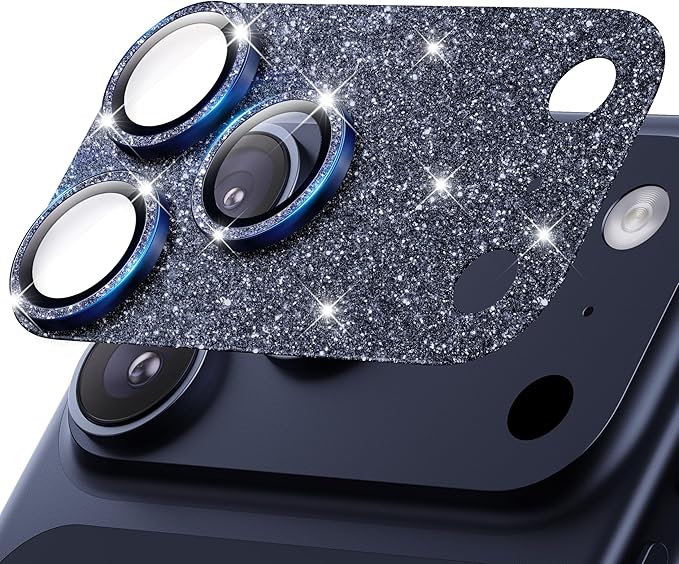 Hoerrye for iPhone 17 Pro Camera Lens Protector - [12FT Shatterproof Military Grade] [Strong Adsorption] Metal 9H+ Tempered Glass Camera Screen Full Cover Case Friendly,Glitter Deep Blue