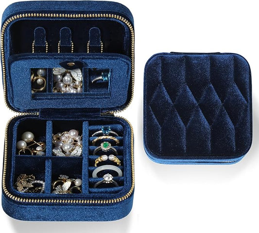 Travel Jewelry Case – Navy Blue Velvet Organizer Adjustable Compartments for Necklaces, Rings | Portable Luxury Travel Jewelry Box for Women, Gift-Worthy Design