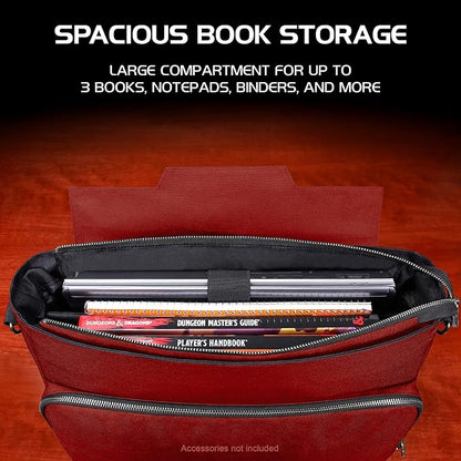 ENHANCE Collector's Edition RPG Player's Essentials DND Bag - Dragon Hide Exterior Messenger Bag Fits 2-4 Books, Binders, Dice & Accessories, with 17 inch Laptop Slot, Battlemap Straps (Dragon Red)