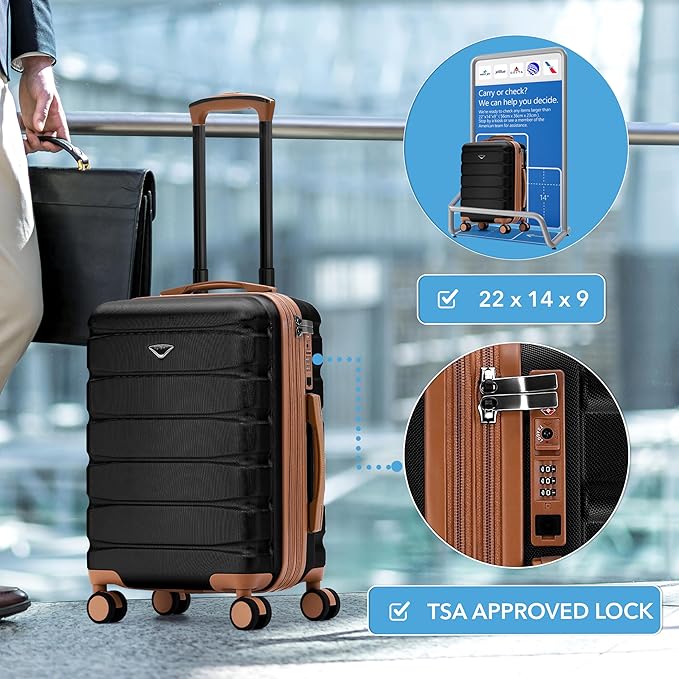 Flight Knight 22x14x9 Expandable Carry On Suitcase Hardside TSA Lock USB C Port Lightweight Luggage Silent Double Spinner Wheels Maximum Overhead Carry-On Bag For American & United Approved Airlines
