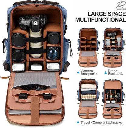 Padwa Lifestyle Blue Camera Backpack - Professional DSLR & UAV Camera Bag,Anti Theft Canvas Camera Backpack with Rain Cover,Large Capacity Photography Travel Camera Bag with Multi Compartments