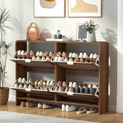 47" Large Shoe Storage Cabinet with 4 Flip Drawer Arched Fluted Pattern, Farmhouse Hidden Narrow Curved Corner Shoe Organizer for Entryway,Living Room (Walnut,with Divider)