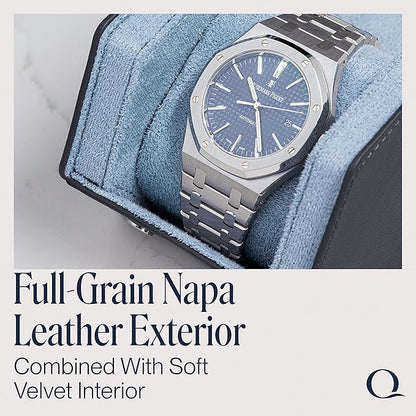 QWATCHBANDS Leather Watch Cases for Men - Hexagon Single & Double Watch Roll Travel Case - Genuine Napa Leather with Velvet Interior - Storage & Display Holder 1 or 2 Watches
