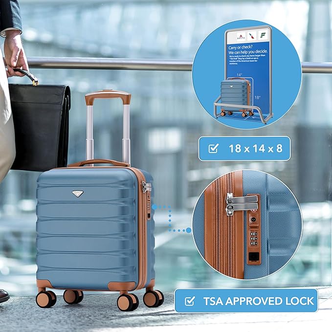 Flight Knight Carry On Suitcase 18x14x8" Hardside Built In TSA Lock & USB Port Lightweight Luggage Silent Double Spinner Wheels Maximum Underseat Carry-On Bag For American & United Approved Airlines