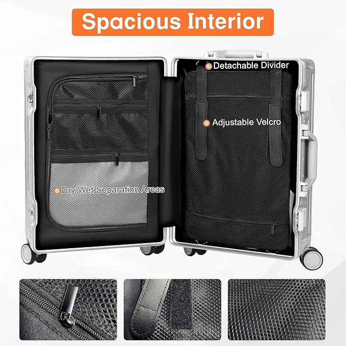 All Aluminum 24 Inch Check In Luggage Hard Shell Suitcases with Spinner Wheels and TSA Lock, Checked Medium Suitcase (Sliver)