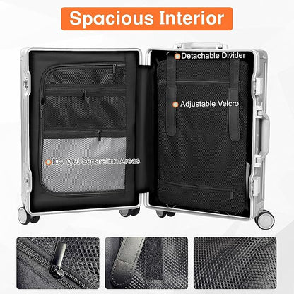 All Aluminum 24 Inch Check In Luggage Hard Shell Suitcases with Spinner Wheels and TSA Lock, Checked Medium Suitcase (Sliver)