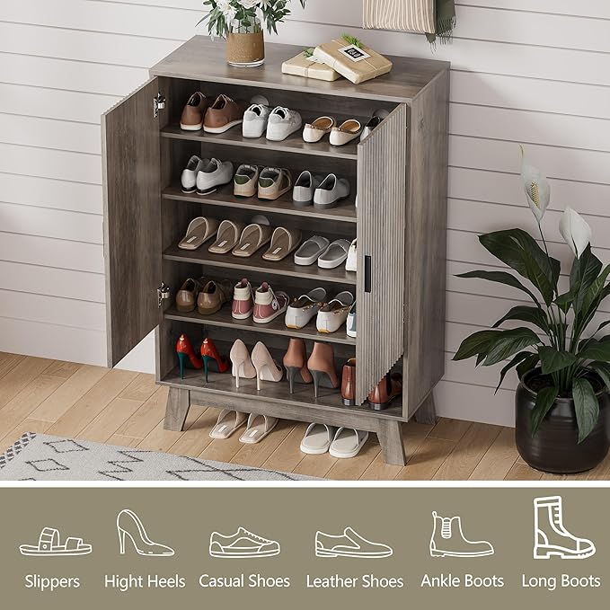 Shoe Cabinet Storage for Entryway with Doors, 5 Tier Fluted Shoe Organizer with Adjustable Shelves, Entryway Shoe Storage with Wooden Legs, Freestanding Hidden Shoe Rack for Front Door Entrance, Grey