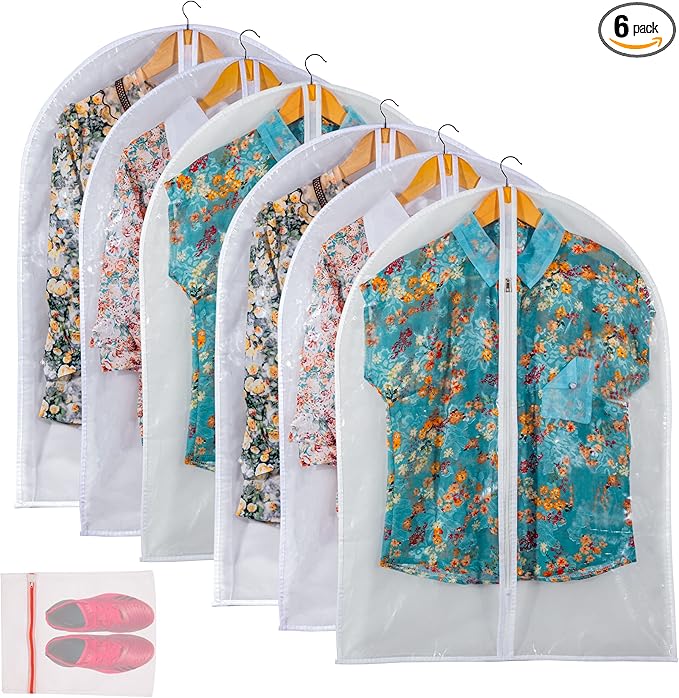 Clear Garment Bag Suit Bags for Closet Storage, Vinyl Garment Bags for Hanging Clothes, Short Hanging Bags Coat Covers for Closet with Zipper - 24'' X 32''/6 Pack