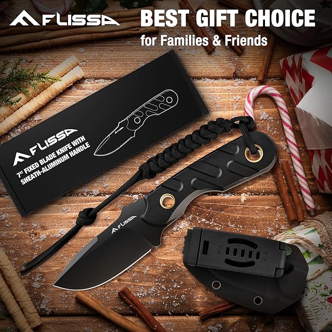 FLISSA Fixed Blade Knife, 7 Inch Full Tang Hunting Knife with Kydex Sheath and Emergency Rope, Tactical Knife for Survival, Camping, Hiking(Black)