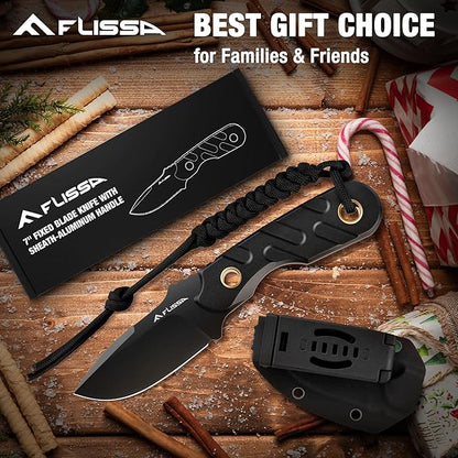 FLISSA Fixed Blade Knife, 7 Inch Full Tang Hunting Knife with Kydex Sheath and Emergency Rope, Tactical Knife for Survival, Camping, Hiking(Black)