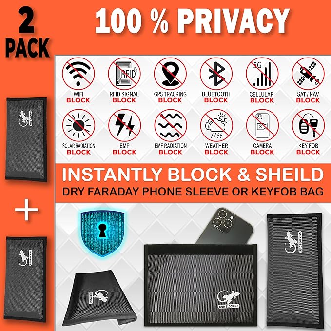 Two Faraday Bags Anti-Tracking GPS RFID Signal Blocker Wallet Shielding Pouches (x2) Protective Cases for Cell Phone Car Key FOB, Data Privacy, Electronic Device Security (2 PACK - POCKET GRAY)