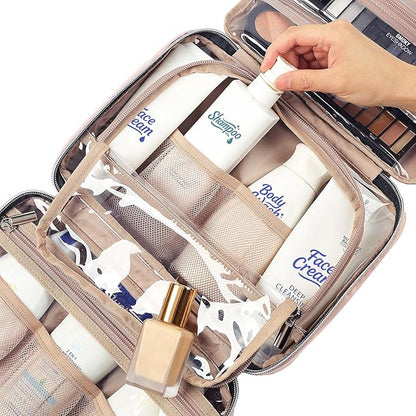 NISHEL Travel Toiletry Bag for women, Portable Hanging Organizer for Travel-Sized Shampoo, Conditioner, Brushes Set, makeup Accessories, Medium Size, Pink