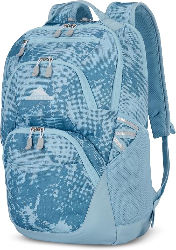 High Sierra Swoop Backpack, Lightweight Bookbag, Large Main Compartment + External Accessory Pockets, Separate Laptop Pocket, Dual Water Bottle Pockets, Fits most 17” Laptops, 30L Capacity, Blue Waves