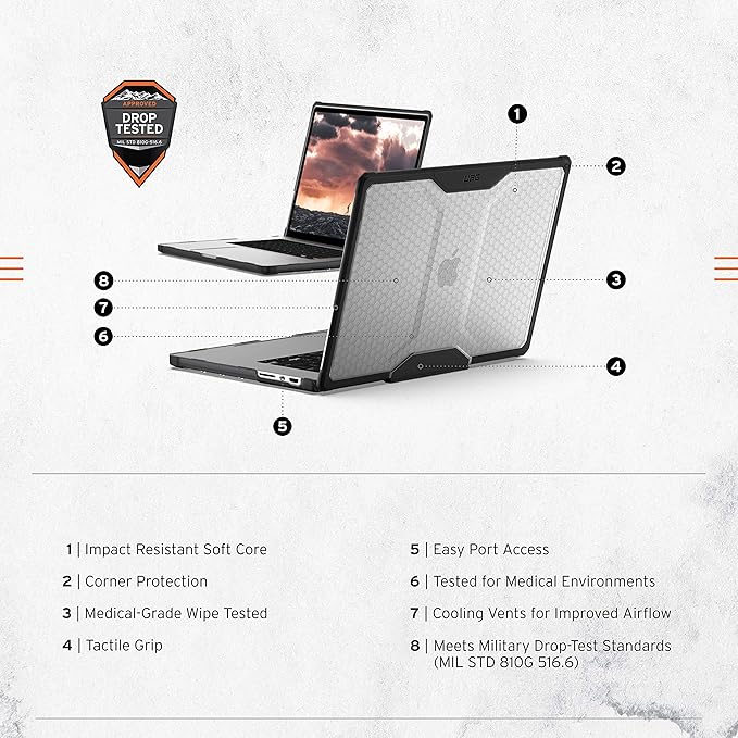 URBAN ARMOR GEAR UAG Designed for MacBook Pro 16 inch Case 2023-2024 M4 M3 Max/Pro (A2991 A3403 A3186) Rugged Lightwieght Touch ID Military Grade Dropproof Plyo Laptop Cover, Translucent Clear Ice