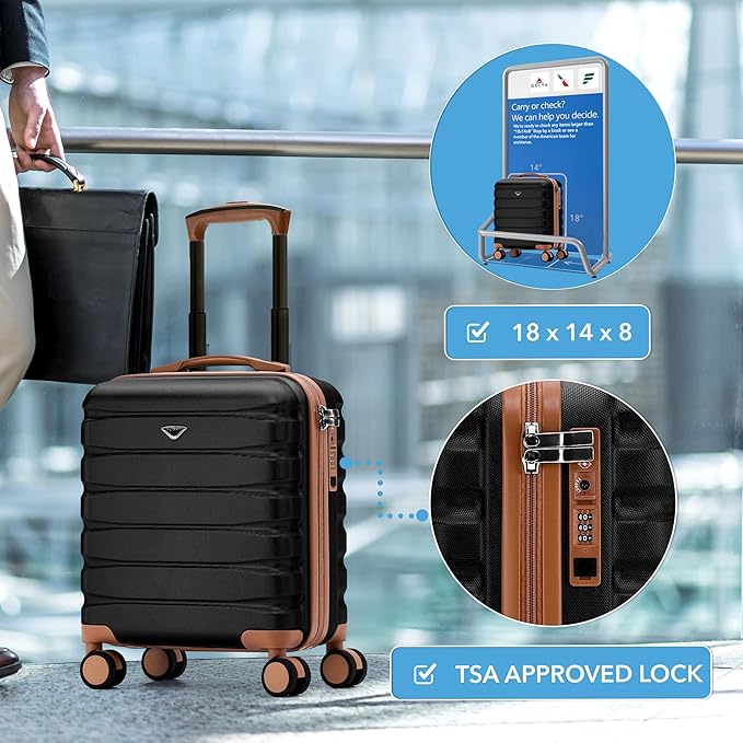 Flight Knight Carry On Suitcase 18x14x8 Hardside Built In TSA Lock & USB Port Lightweight Luggage Silent Double Spinner Wheels Maximum Underseat Carry-On Bag For American & United Approved Airlines