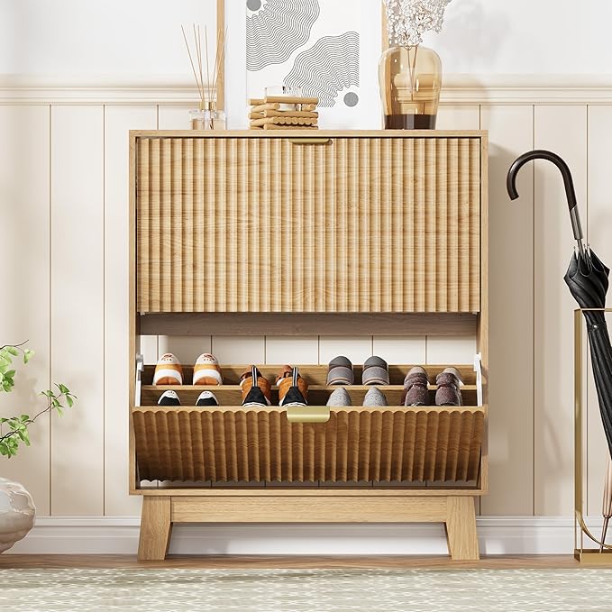 Shoe Cabinet Storage for Entryway with 2 Flip Drawers, Fluted Narrow Shoe Organizer with Wooden Legs, Freestanding Slim Shoe Storage Hidden Shoe Rack Organizer for Front Door Entrance, Oak