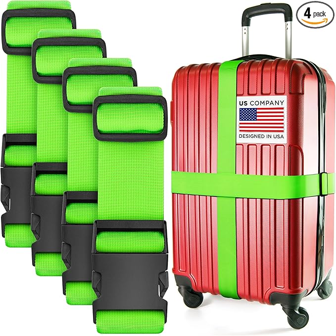 Luggage Straps for Suitcases - TSA Approved - Green, 4 PK - Premium Nylon Belts for Suitcase, Briefcase & Travel Bag - Adjustable Strap Length 46" - 78"
