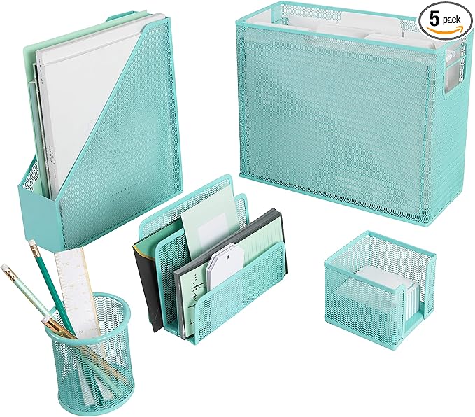 BLU MONACO Aqua Desk Organizer Set | 5-Piece Metal Office Supplies Set with Hanging File Organizer, Magazine Holder, Pen Cup, Sticky Note Holder & Letter Sorter | Cute Aqua Desk Accessories for Women