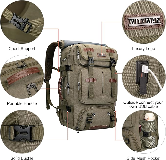 WITZMAN Travel Backpack for Men 40L Large Carry-on Airline Approved Convertible 3 in 1 laptop Bags Fit 17 inch(A8013 Army Green)