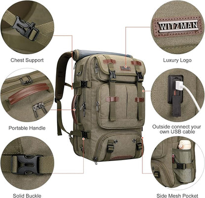 WITZMAN Travel Backpack for Men 40L Large Carry-on Airline Approved Convertible 3 in 1 laptop Bags Fit 17 inch(A8013 Army Green)