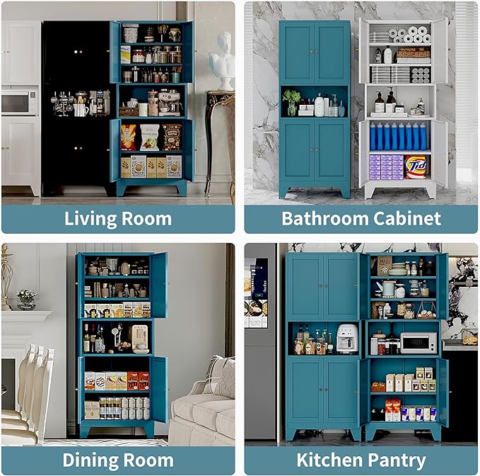 69" Tall Metal Kitchen Pantry Storage Cabinet with Microwave Stand | White | Modern Freestanding Food Buffet Cabinet | Kitchen Hutch | Coffee Bar Hutch for Dining & Living Room