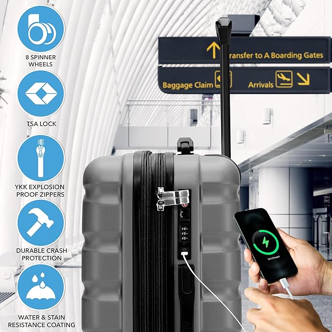 Flight Knight 24x16x10 Expandable Carry On Suitcase Hardside TSA Lock USB C Lightweight Luggage Silent Double Spinner Wheels Maximum Overhead Carry-On Bag For Virgin & South West Approved Airlines