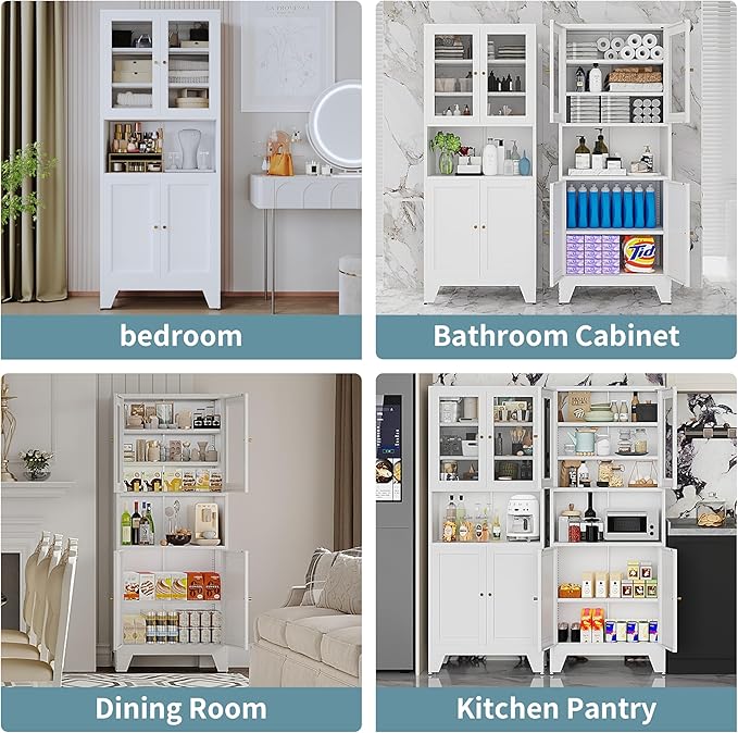 69" Tall Modern Metal Pantry Cabinet with Microwave Stand, Freestanding Linen Cabinet for Bathroom, Kitchen, Dining & Living Room, Kitchen Hutch & Coffee Bar(Glass)