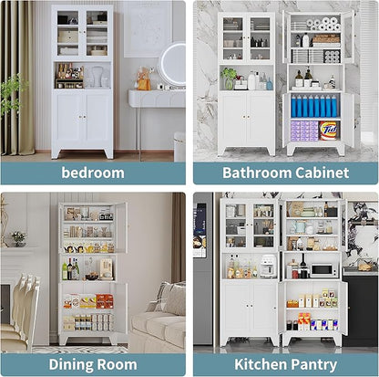 69" Tall Modern Metal Pantry Cabinet with Microwave Stand, Freestanding Linen Cabinet for Bathroom, Kitchen, Dining & Living Room, Kitchen Hutch & Coffee Bar(Glass)