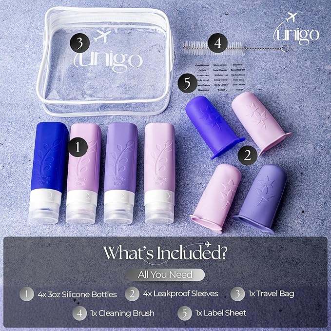 unigo Travel Bottles For Toiletries, 4-pack TSA Approved Containers, Travel Size Toiletries, Shampoo and Conditioner Bottles, Leak Proof and Refillable Bottles, BPA Free, Extra Bottle Covers (Purple)