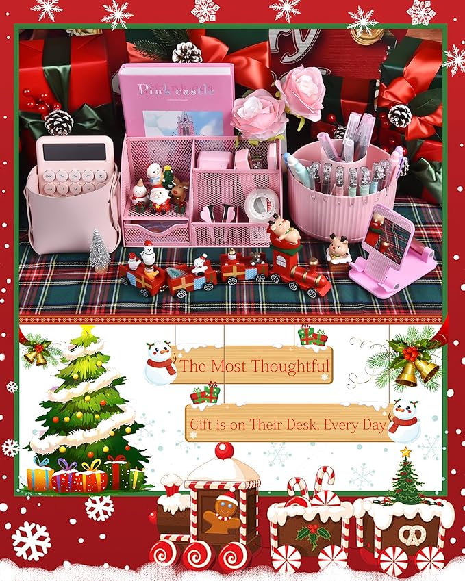 Pink Desk Organizers and Accessories With Mesh Desk Organizer and 360°Rotating Pen Holder and a Lot of Office Pink Office Supplies Beautifully Presented in a Gift Box Christmas Gifts
