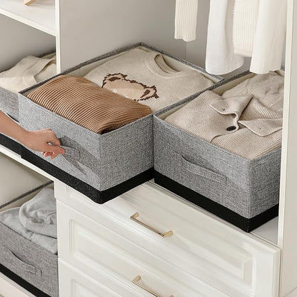 Linen Folding Storage Bins, 3 Pack Large Storage Baskets, Washable, Clothing Storage Bins with Handle, Closet Organizer for Storage Sweater,Sheets (gray black, 18½"x13½"x8½")