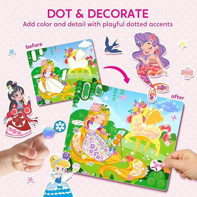 Klever Kits Princess Dot Art Kit for Kids, No Mess Sticker for Toddlers 3-7, Art and Craft Kits, DIY Creative Activity, Travel Toy, Birthday Presents for Boys Girls