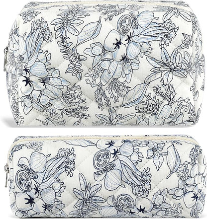 2Pcs Floral Makeup Bag for Women Cotton Quilted Coquette Cosmetic Bag Cute Zipper Black Flower Makeup Pouch Aesthetic Portable Pencil Pouch Travel Toiletry Bag Trendy Cloth Skincare Bag