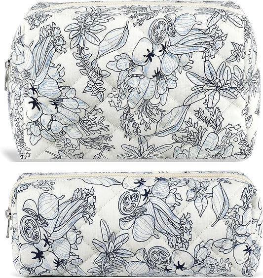 2Pcs Floral Makeup Bag for Women Cotton Quilted Coquette Cosmetic Bag Cute Zipper Black Flower Makeup Pouch Aesthetic Portable Pencil Pouch Travel Toiletry Bag Trendy Cloth Skincare Bag