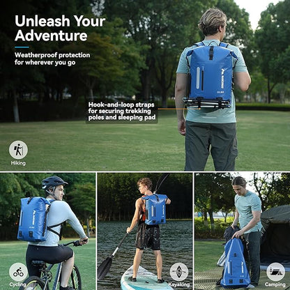 MARCHWAY Roll Top Waterproof Backpack, Floating Dry Bag 20L/30L/45L with Ergonomic Rectangular Base, Cushioned Back, Hip Strap for Hiking Camping Kayaking Travel (Blue, 30L)