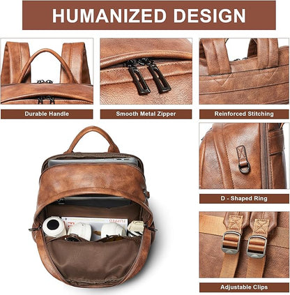 Leather Backpack for Women, Fits 15.6 Inch Laptop, Soft Vegan Leather Backpack for Travel and Daily Use, Brown
