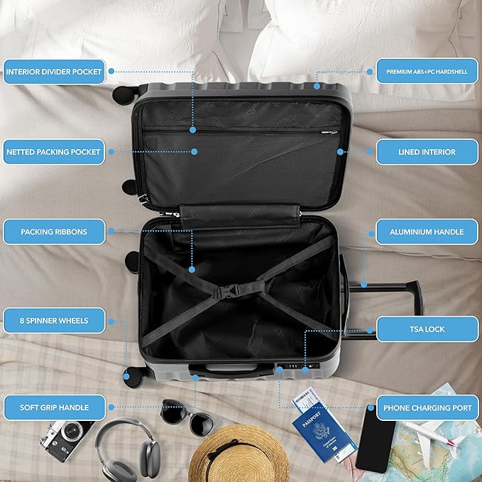 Flight Knight 24x16x10 Expandable Carry On Suitcase Hardside TSA Lock USB C Lightweight Luggage Silent Double Spinner Wheels Maximum Overhead Carry-On Bag For Virgin & South West Approved Airlines