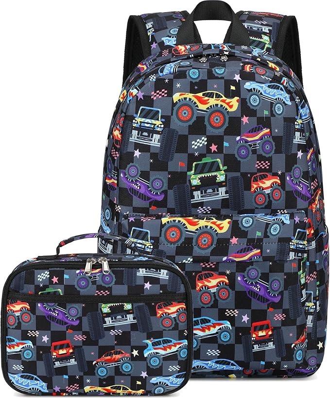 CAMTOP Backpack for Kids, Boys Girls Preschool Backpacks with Lunch Box Toddler Kindergarten School Bookbag Set (Vehicle Black Check)