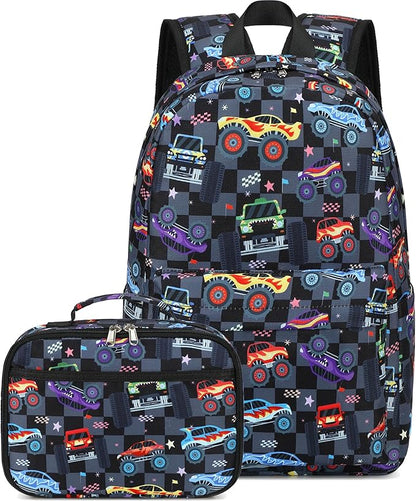 CAMTOP Backpack for Kids, Boys Girls Preschool Backpacks with Lunch Box Toddler Kindergarten School Bookbag Set (Vehicle Black Check)