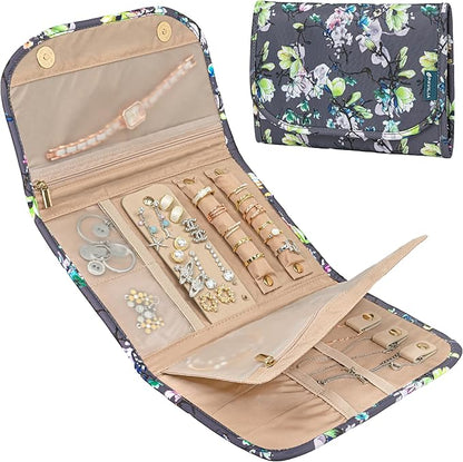 Pavilia Foldable Jewelry Organizer - Travel Roll Bag with Compartments for Earrings, Rings, Necklaces, Bracelets - Packing Accessory