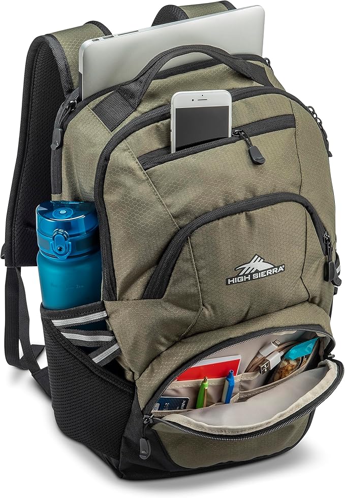 High Sierra Swoop Backpack, Lightweight Bookbag, Large Main Compartment + External Accessory Pockets, Separate Laptop Pocket, Dual Water Bottle Pockets, Fits most 17” Laptops, 30L Capacity, Olive