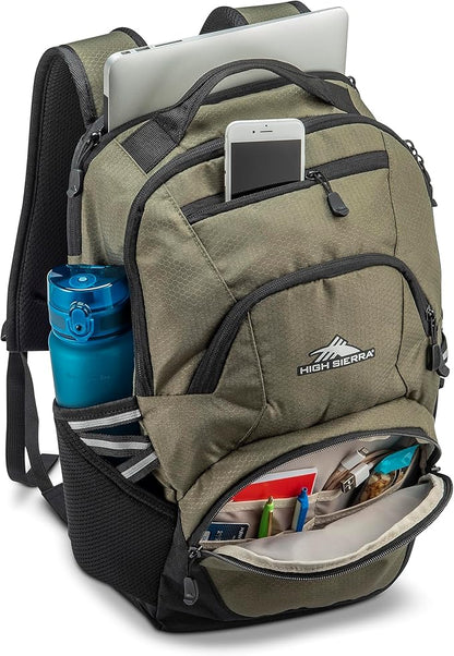 High Sierra Swoop Backpack, Lightweight Bookbag, Large Main Compartment + External Accessory Pockets, Separate Laptop Pocket, Dual Water Bottle Pockets, Fits most 17” Laptops, 30L Capacity, Olive